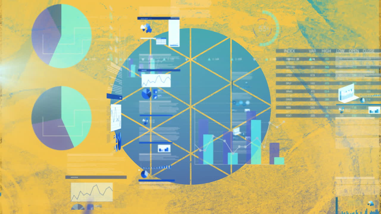 Animation of geometric shapes and graphs illustrating data analysis on yellow background