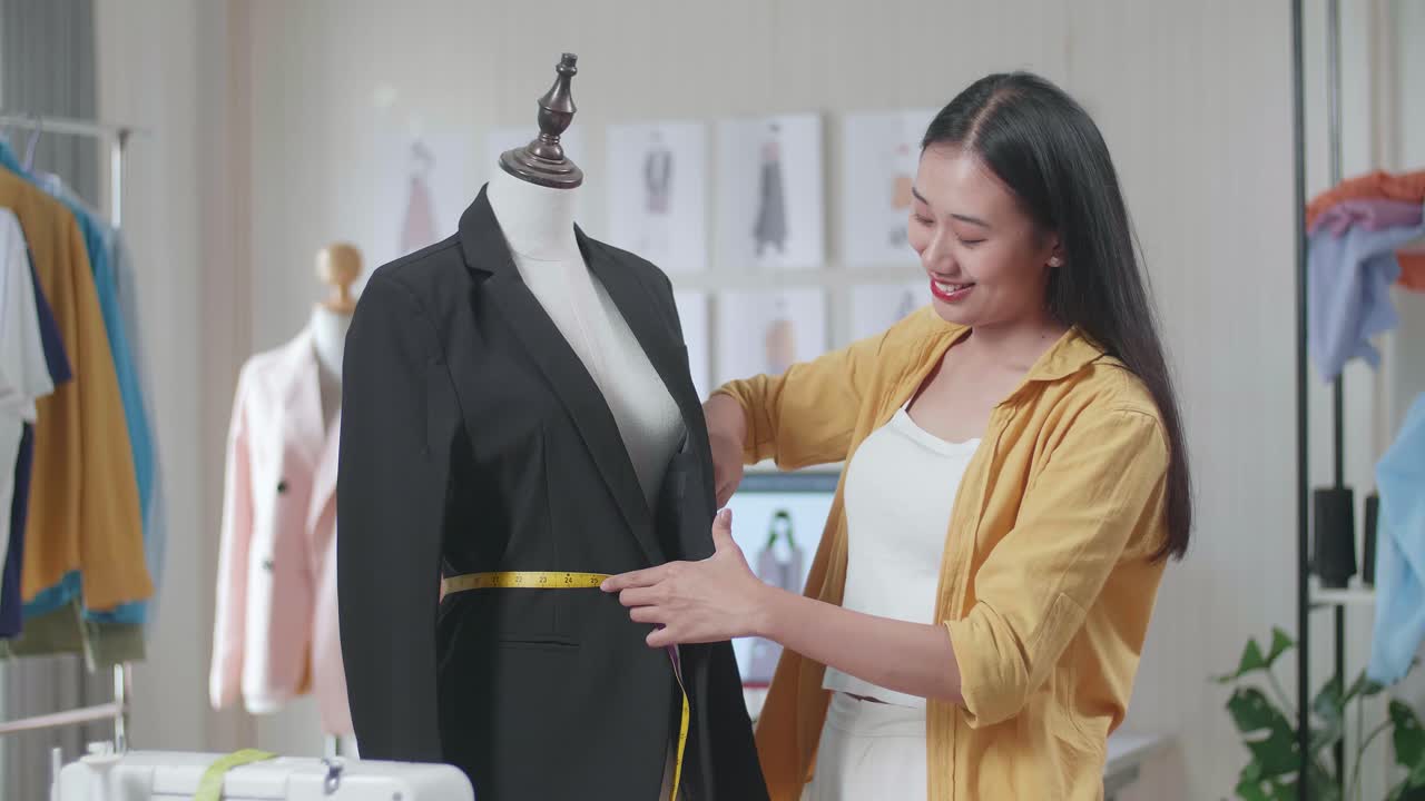 미소 짓는 아시아 여성 디자이너가 스튜디오에서 옷을 디자인하는 동안 마네킨에 비즈니스 재을 측정합니다.