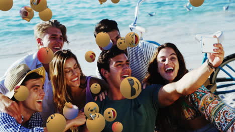 iconos de emoji con amigos tomando una selfie en el fondo 4k