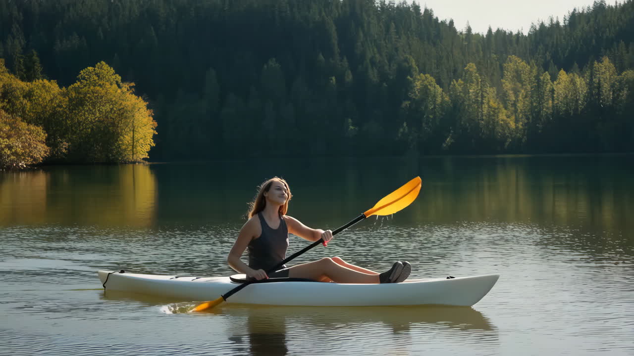 Woman Kayaking on a Serene Lake
