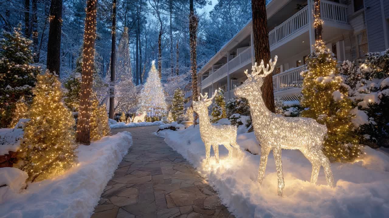 A Magical Winter Wonderland: Beautifully Lit Reindeer and Christmas Tree Decorated Pathway Surrounded by Sparkling Snow and Festive Lights