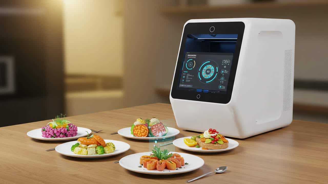 Innovative Culinary Technology: A Smart Cooking Device Displays Deliciously Plated Dishes with Advanced Touchscreen Features to Enhance Culinary Creativity and Experience