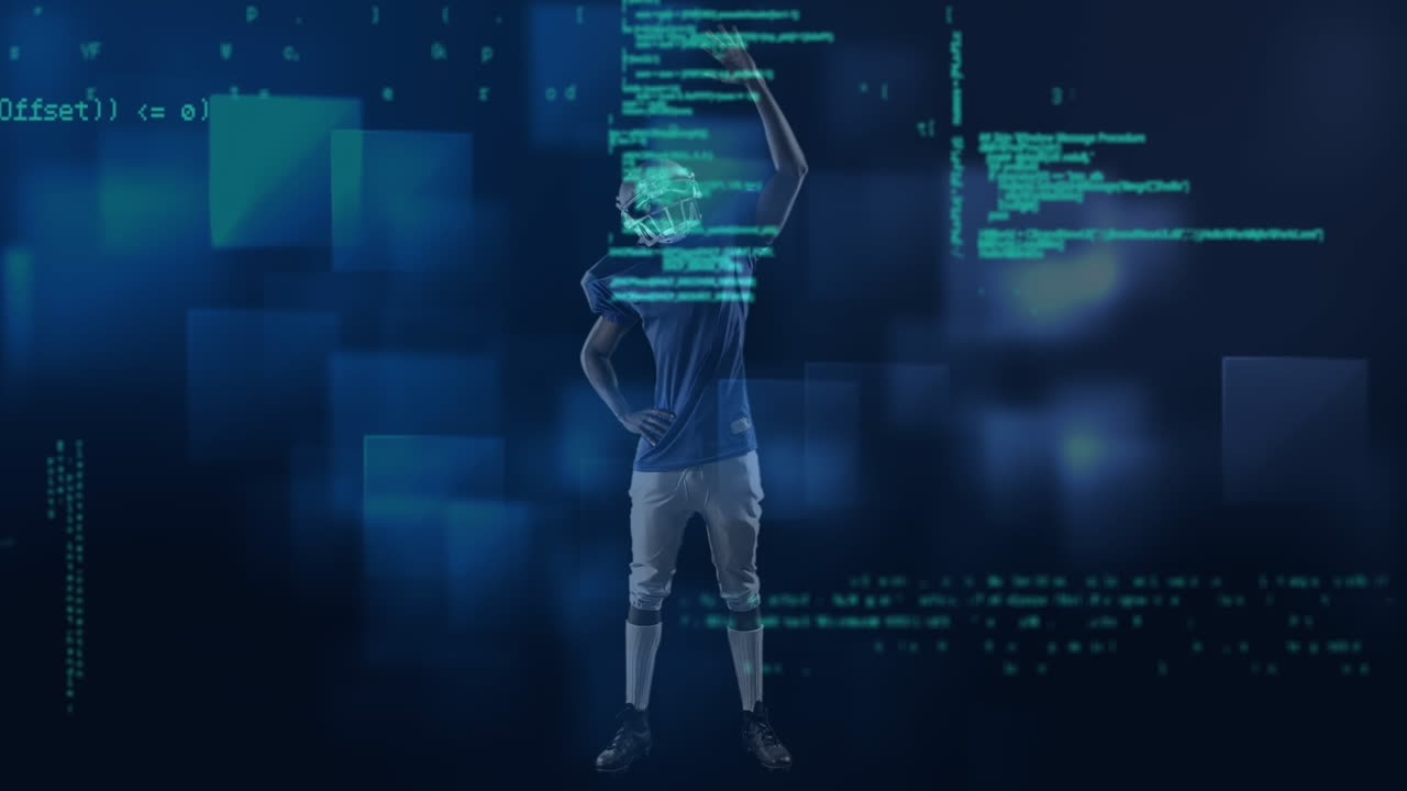 Animation of data processing over male rugby player against blue square shapes on black background