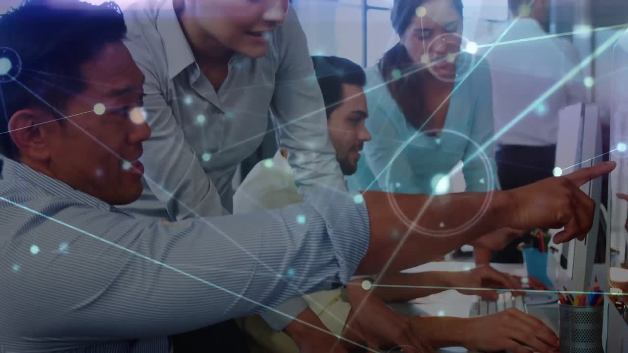 Animation of network of connections over two diverse male and female colleagues using a computer