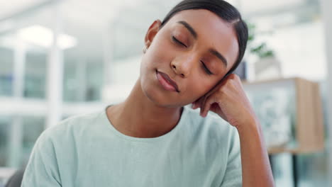 Phone,-sleep-and-tired-Indian-woman-at-desk