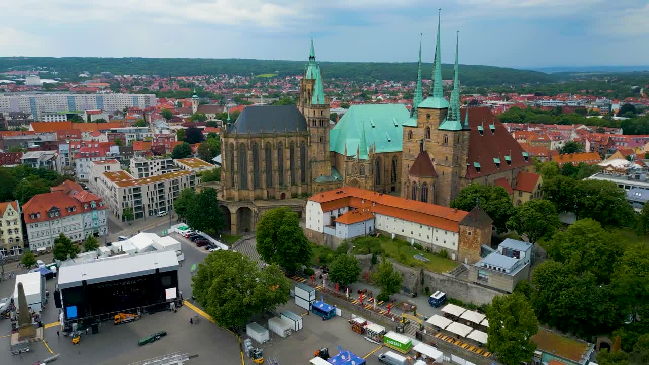 4K Aerial Drone Video of the Spiers and Stained Glass Windows of St. Severi Church and Erfurt Cathedral in Downtown Erfurt, Germany