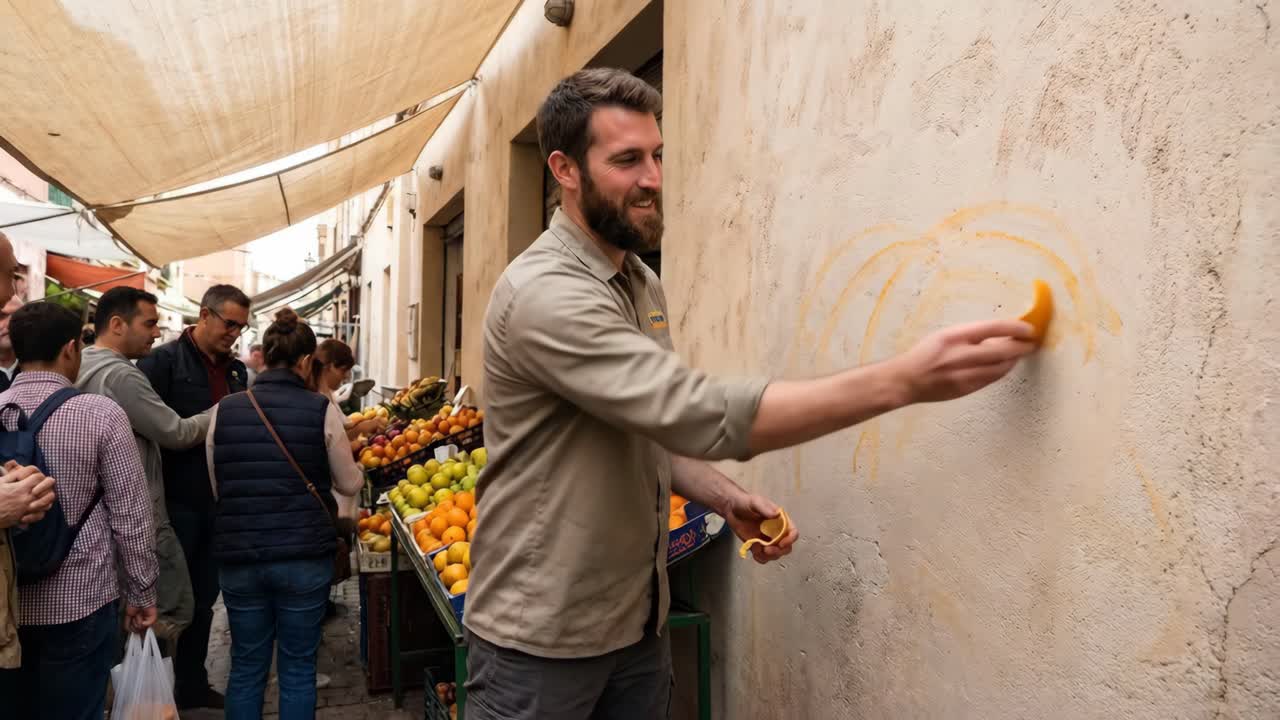 Homem sorrindo descascando laranja e desenhando na parede em um mercado ao ar livre