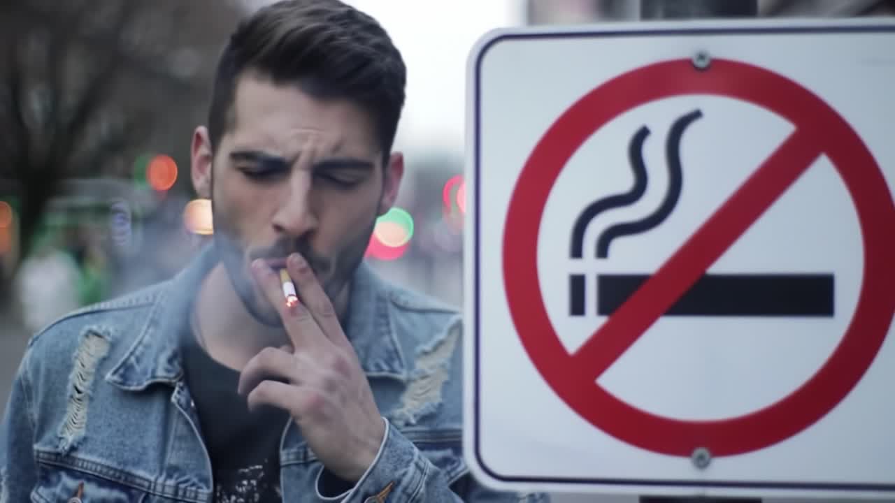 Contrasting Moments: A Young Man's Defiance Against Smoking Regulations Captured in Two Frames Showing Compliance and Rebellion in a Urban Setting