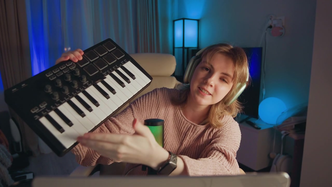Jovem mulher sorridente em estúdio caseiro no quarto levanta teclado MIDI em direção à câmera enquanto usa fones de ouvido supra-auriculares, com microfone condensador, brilho ambiente azul, suéter casual e configuração de áudio criativa