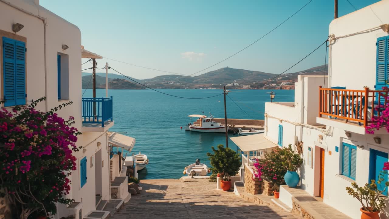 A Serene Coastal Escape: Captivating Views of Colorful Houses, Boats, and Tranquil Waters in a Picturesque Seaside Town