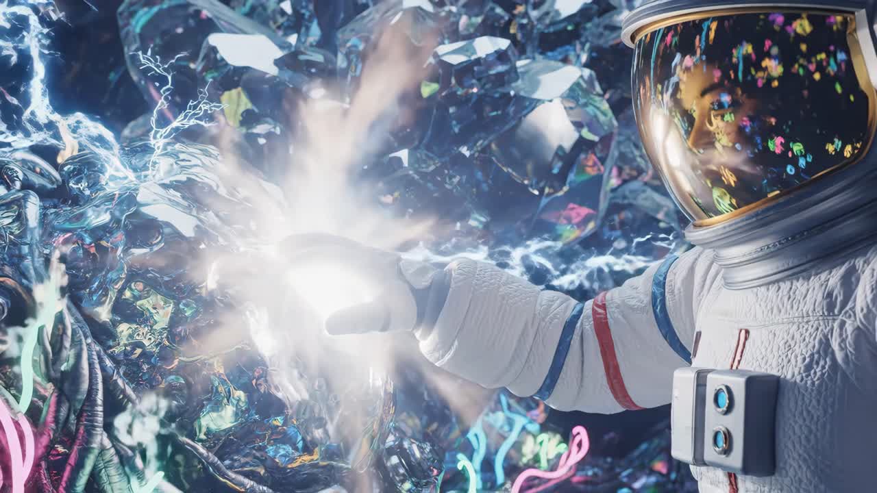 Astronaut Exploring a Crystal Formation in Space