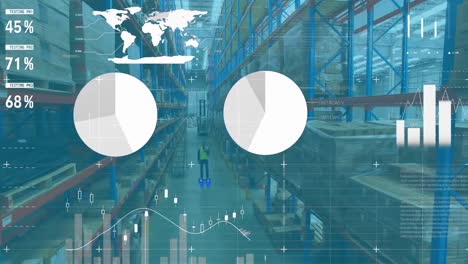 Animation-of-infographic-interface-over-aerial-view-of-biracial-man-using-hoverboard-in-warehouse