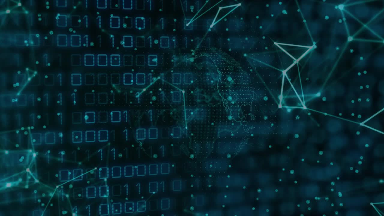 Interface initiating globe rotating eastward, binary pulsing, mesh adjusting visualizing data flow