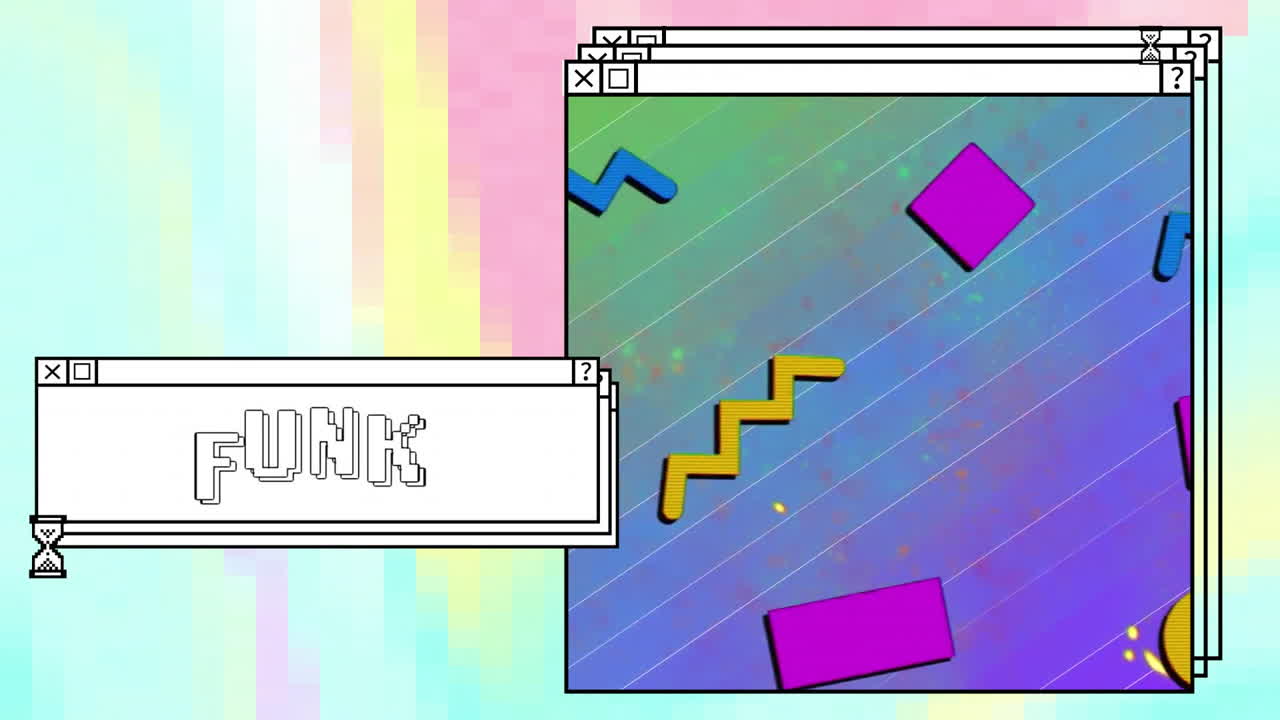 animación de texto funk sobre pantallas de computadora y fondo vibrante