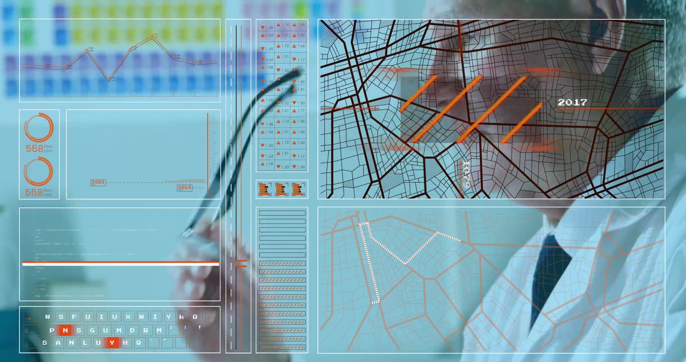 Animation of data processing over caucasian male scientist in lab