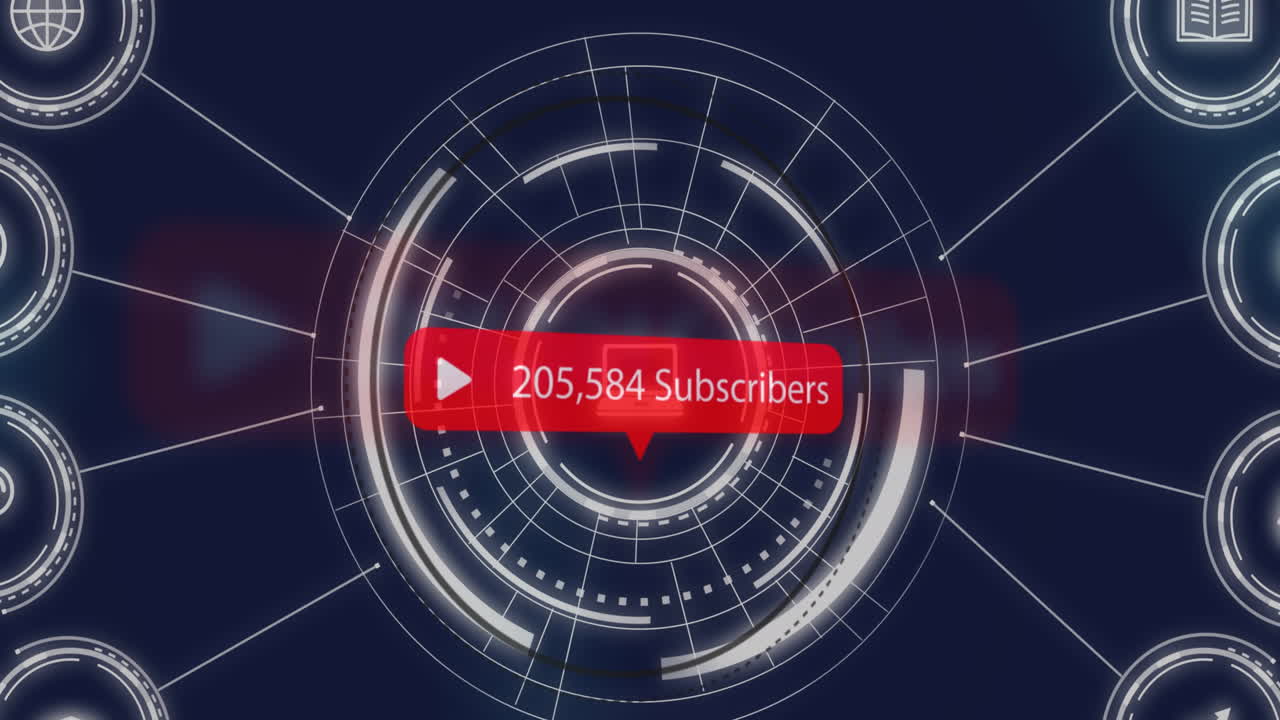 디지털 아이콘 네트워크에 대항하여 증가하는 수의 가입자 아이콘의 애니메이션