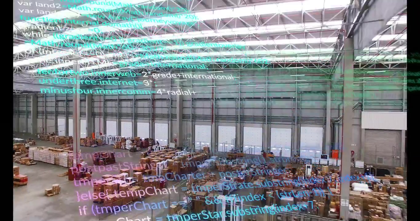 Opening view showing warehouse code overlay camera panning pallets as worker walking for inventory