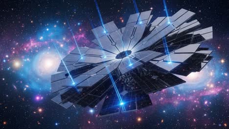 a stunning visualization of a futuristic solar-powered space station orbiting in deep space with radiant lasers emitting from its structure amidst cosmic vibrancy