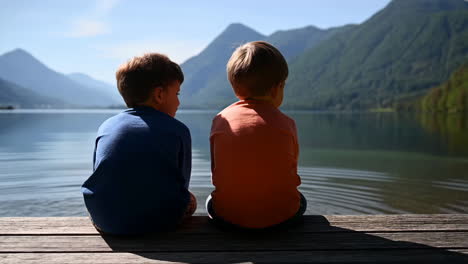 two young boys sitting on a dock by a serene mountain lake