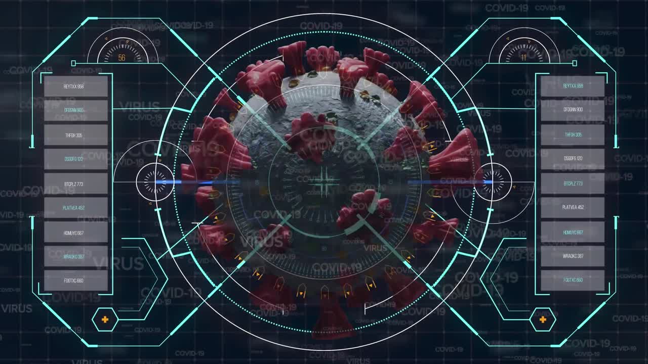 검은 바탕에 매크로 코로나19 세포와 통계를 보여주는 스 ⁇  스캐닝의 애니메이션