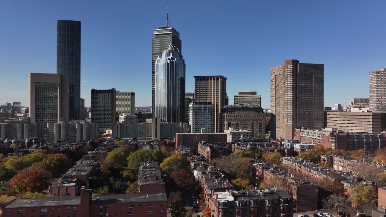 Boston, Massachusetts city skyline aerial drone shot prudential center