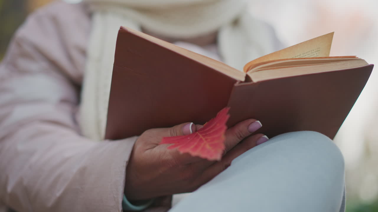 close up of woman holding open book with vibrant red autumn leaf tucked inside, hand resting on knee in soft pastel outfit, cozy scarf visible, gentle natural light with soft background