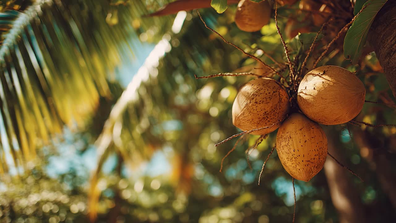 A Close-Up of Tropical Fruits Hanging from a Tree Amidst Lush Greenery and Sunlight, Capturing the Beauty of Nature in Two Frames