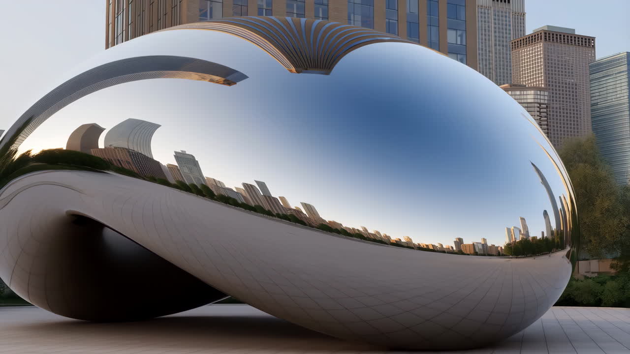 Cloud Gate (The Bean) Sculpture Reflecting Chicago Cityscape