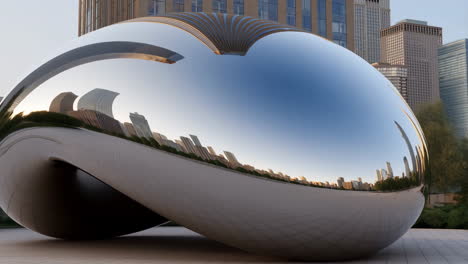 cloud gate (the bean) sculpture reflecting chicago cityscape