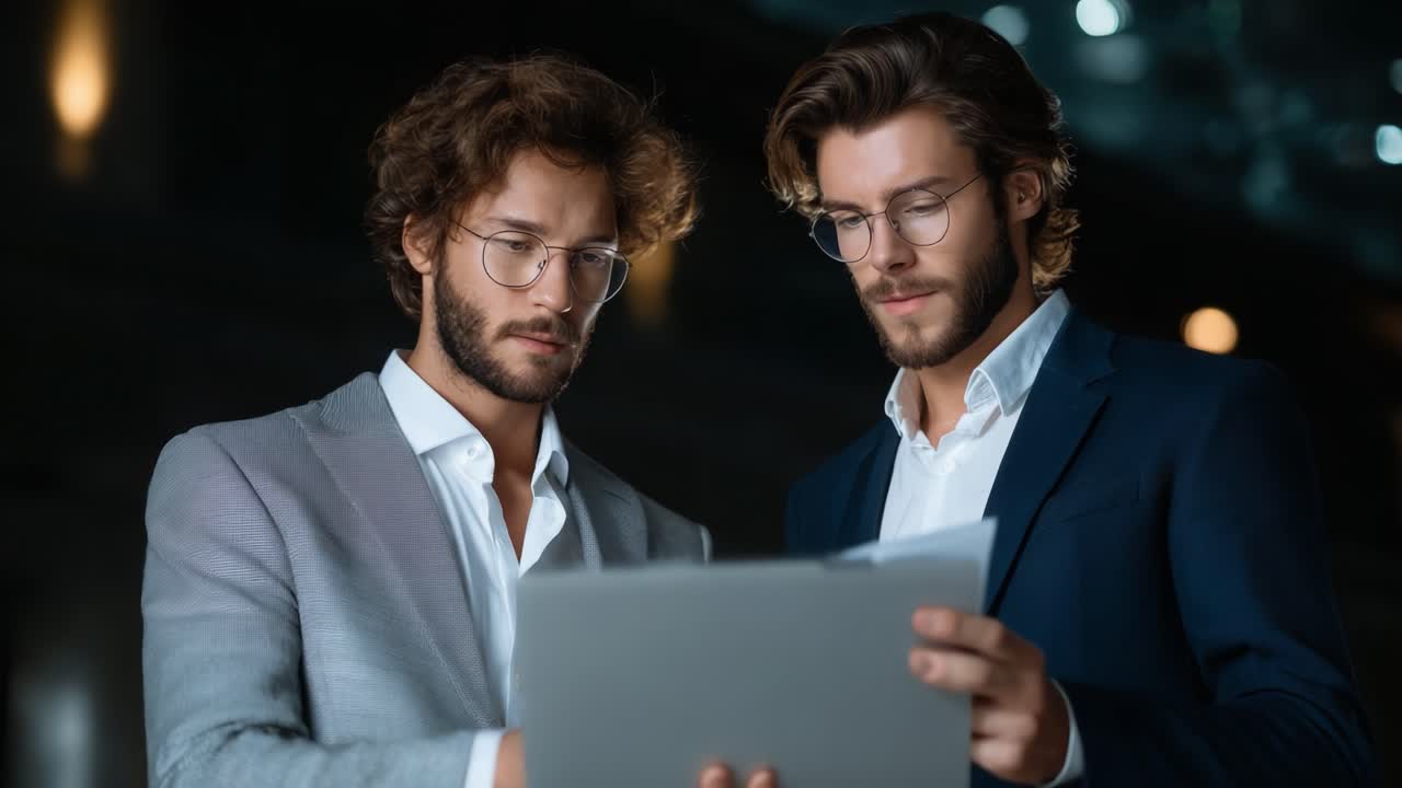 Two professionals engaged in a focused discussion, analyzing data together with intent expressions, surrounded by a modern and sophisticated atmosphere, showcasing collaboration and teamwork