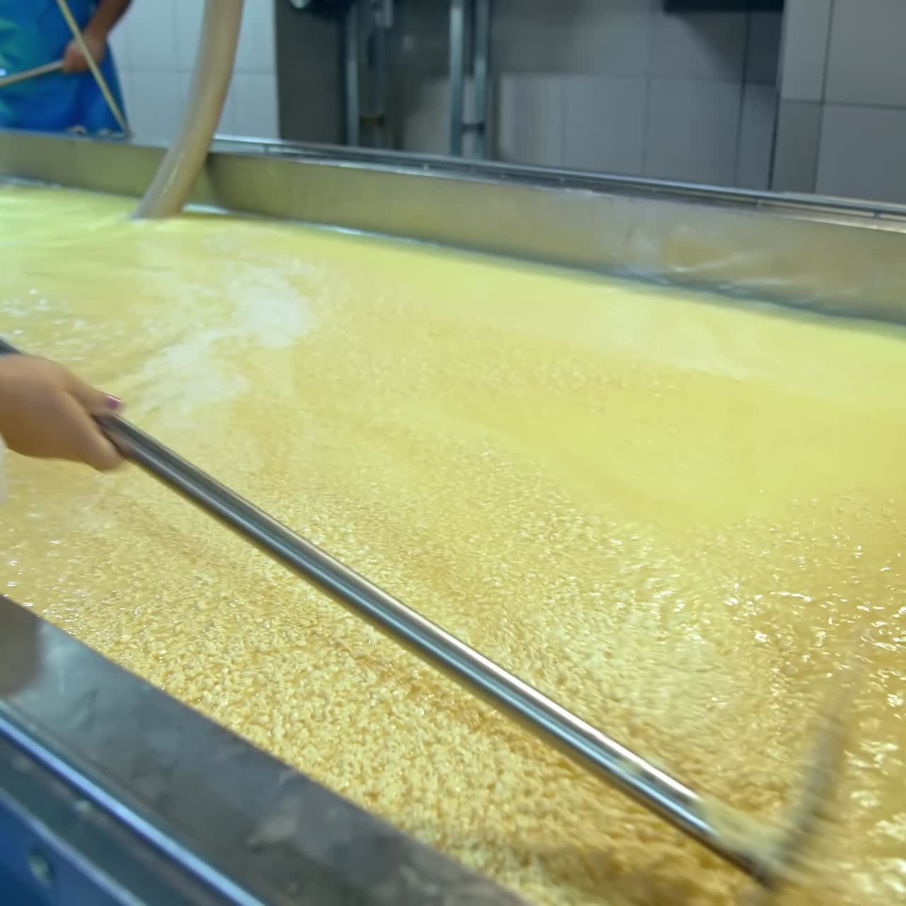 Dairy plant workers mixing fermented milk with special equipment. Huge basin full of fermented milk. Preparing cottage cheese, sour cream and cheese