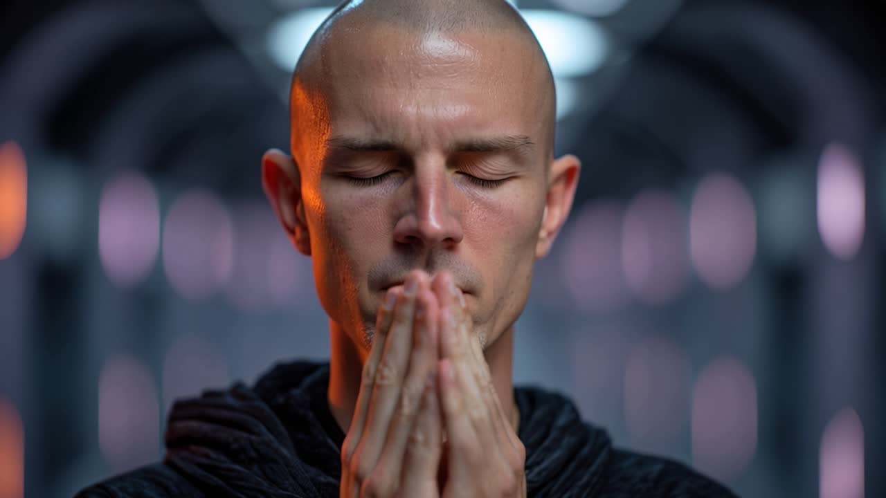 Homem careca medita com os olhos fechados e as mãos postas. A iluminação suave realça sua expressão calma. O fundo apresenta estruturas arqueadas desfocadas. Ideal para bem-estar, atenção plena.