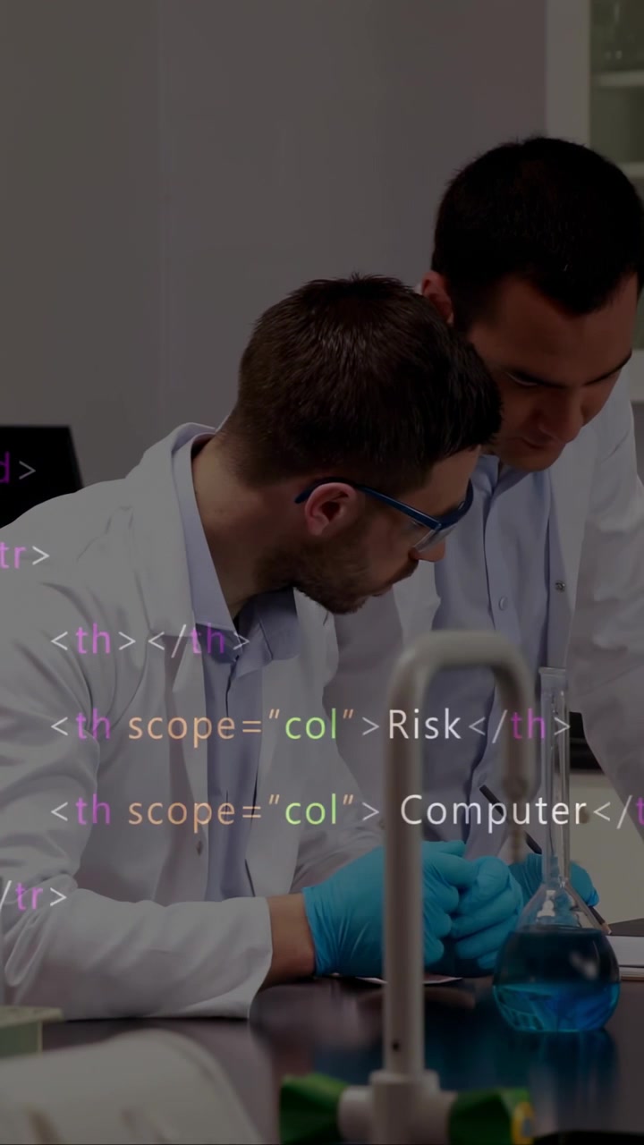 Vertical video: Code overlay appearing drawing two researchers coats testing flask at lab bench