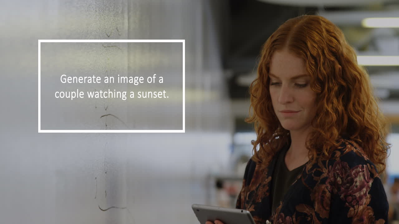 Animation of ai text and data processing and caucasian woman using tablet