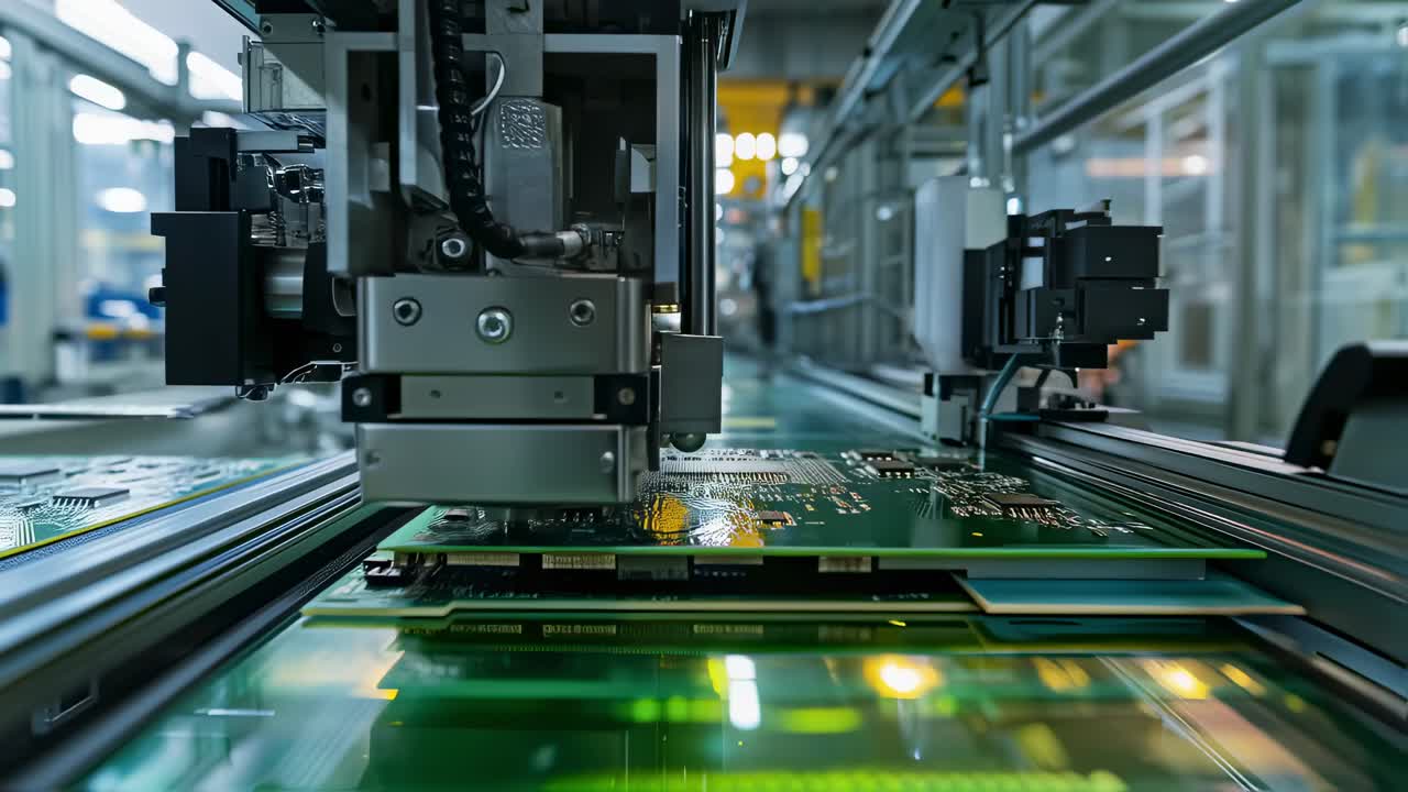 Precision robotic arms manufacturing circuit boards in modern, high tech electronic production facility, showcasing advanced industrial automation and engineering capabilities
