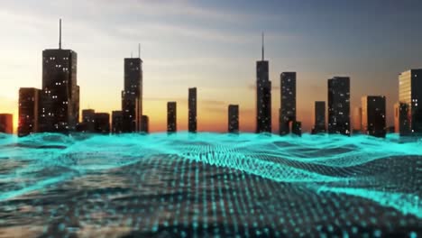 futuristic cityscape with digital waves: a mesmerizing view of modern architecture against a sunset background reflecting advanced technology and innovation