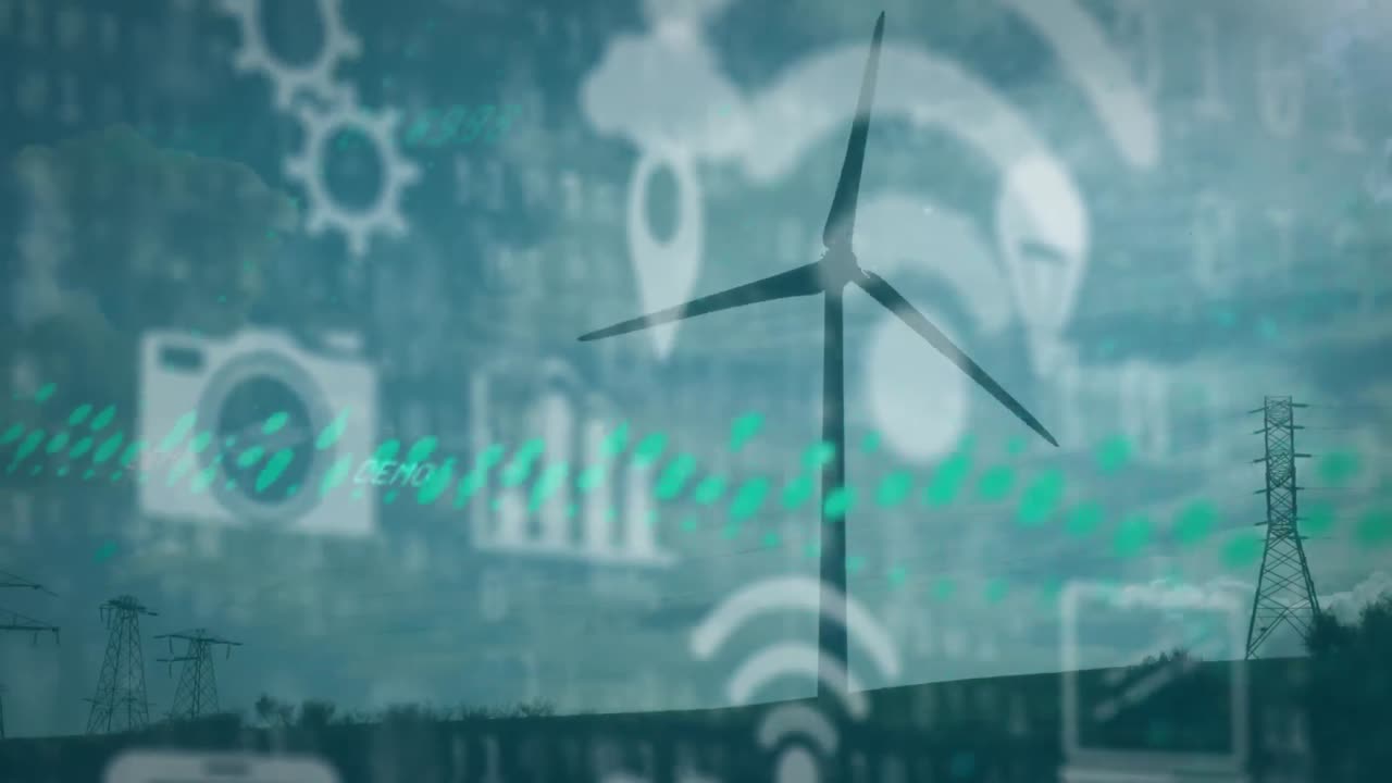 Animation of multiple icons and graphs over windmill and transmission towers against cloudy sky