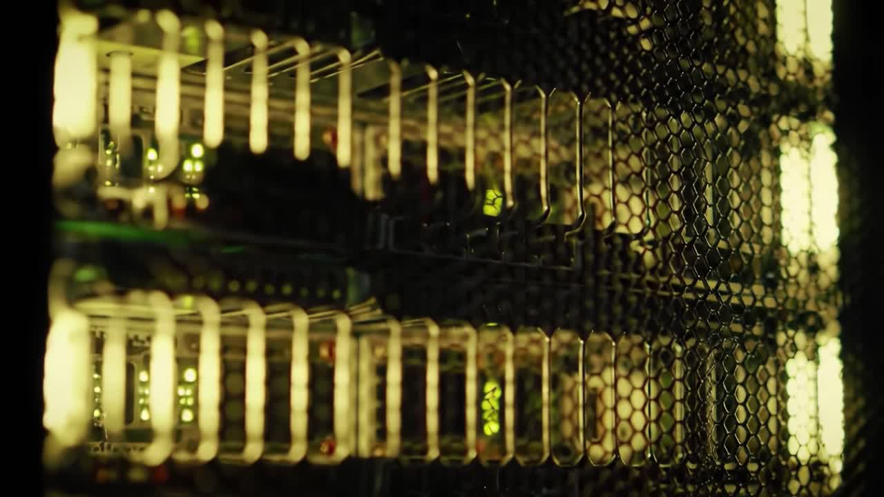 A close up view showcases an array of illuminated server components within a technology facility. The intricate designs highlight the complexity of modern computing systems and data management.