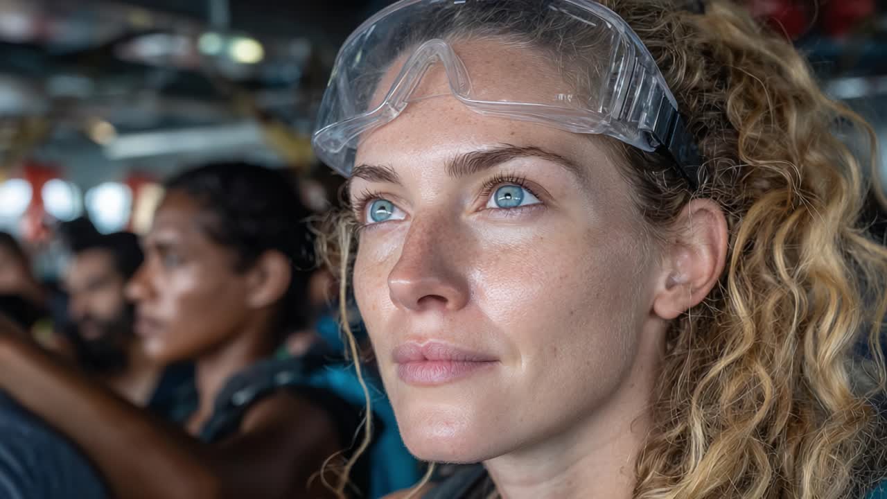 Focused and Determined: A Young Woman with Protective Gear Looks Up with Intense Curiosity Amidst a Crowd on a Vessel