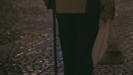 Beautiful-old-pavement-of-Metz,-France-with-the-reflection-of-christmas-illumination-while-peoples-are-passing-on-the-street