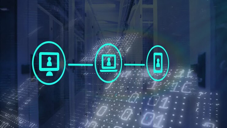 Animation of network of digital icons and binary coding against computer server room