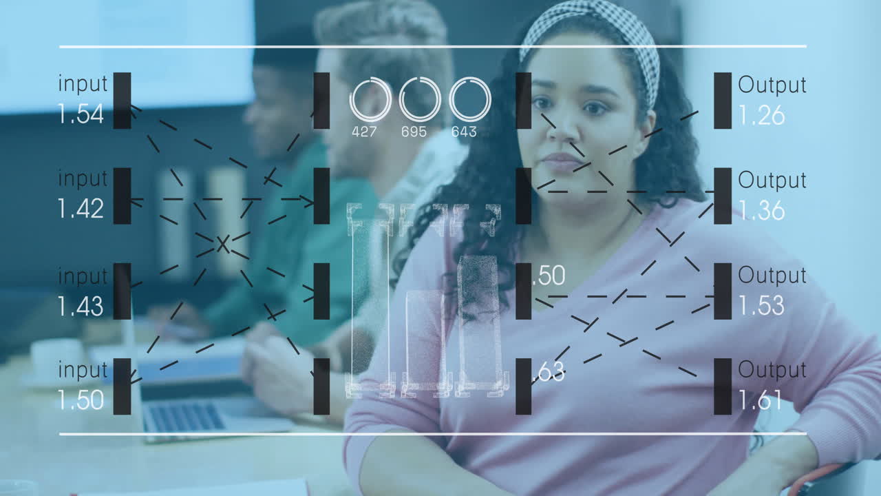 Diverse group working in office with data processing animation overlay