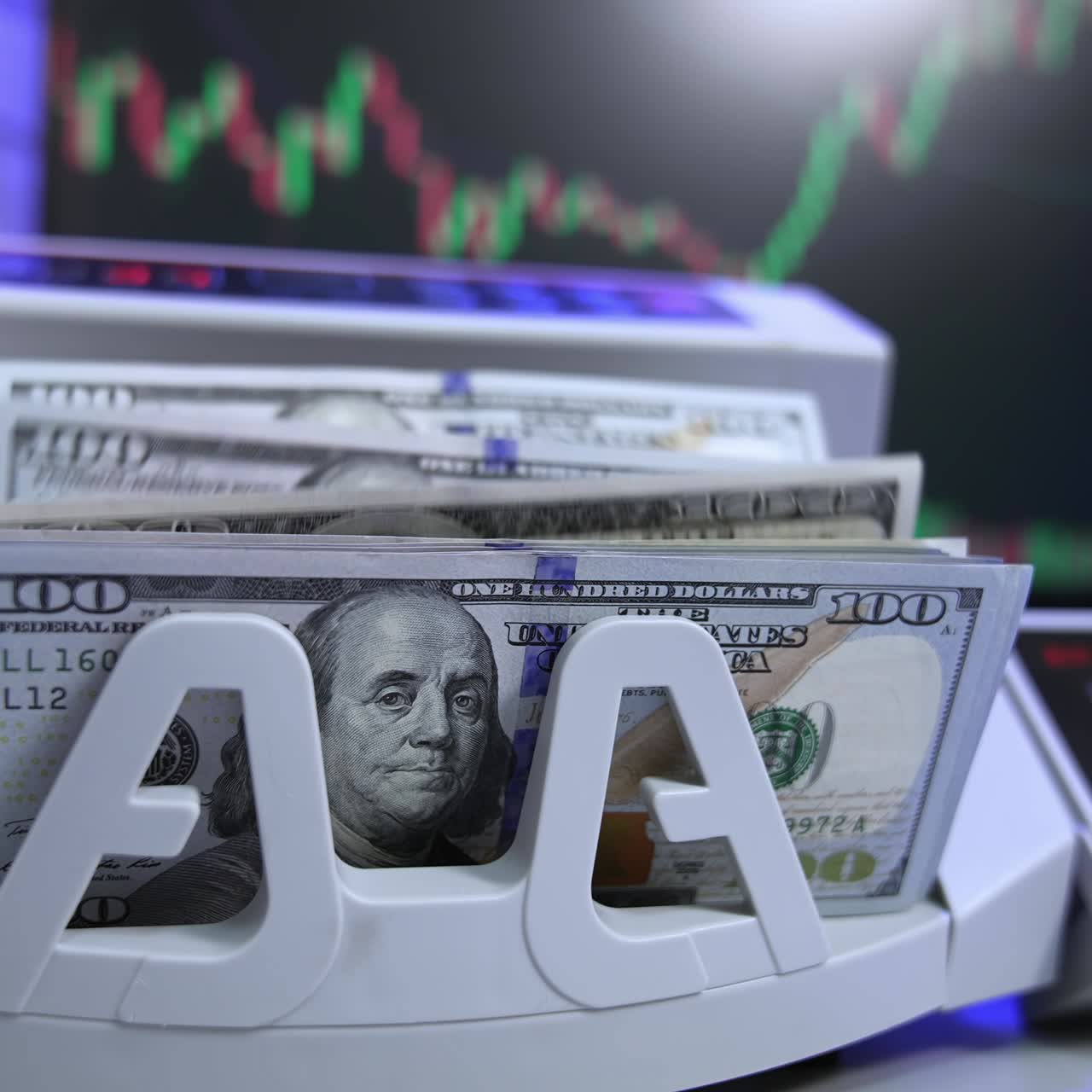 Money counting equipment for paper money calculation. Automatic mechanism for bank financial operations