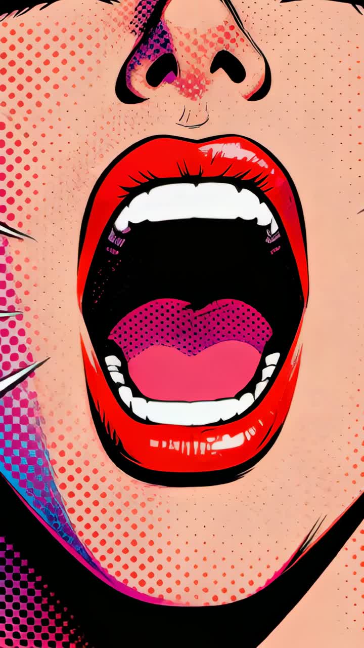 Video verticale: Bocca femminile che si apre nell'inquadratura mantenendo una posa vocale, labbra rosse, denti che si spostano.
