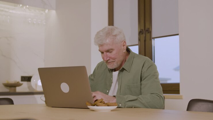 Glücklicher älterer Mann sitzt in der Küche auf einem Stuhl, benutzt einen Laptop und trinkt Tee.