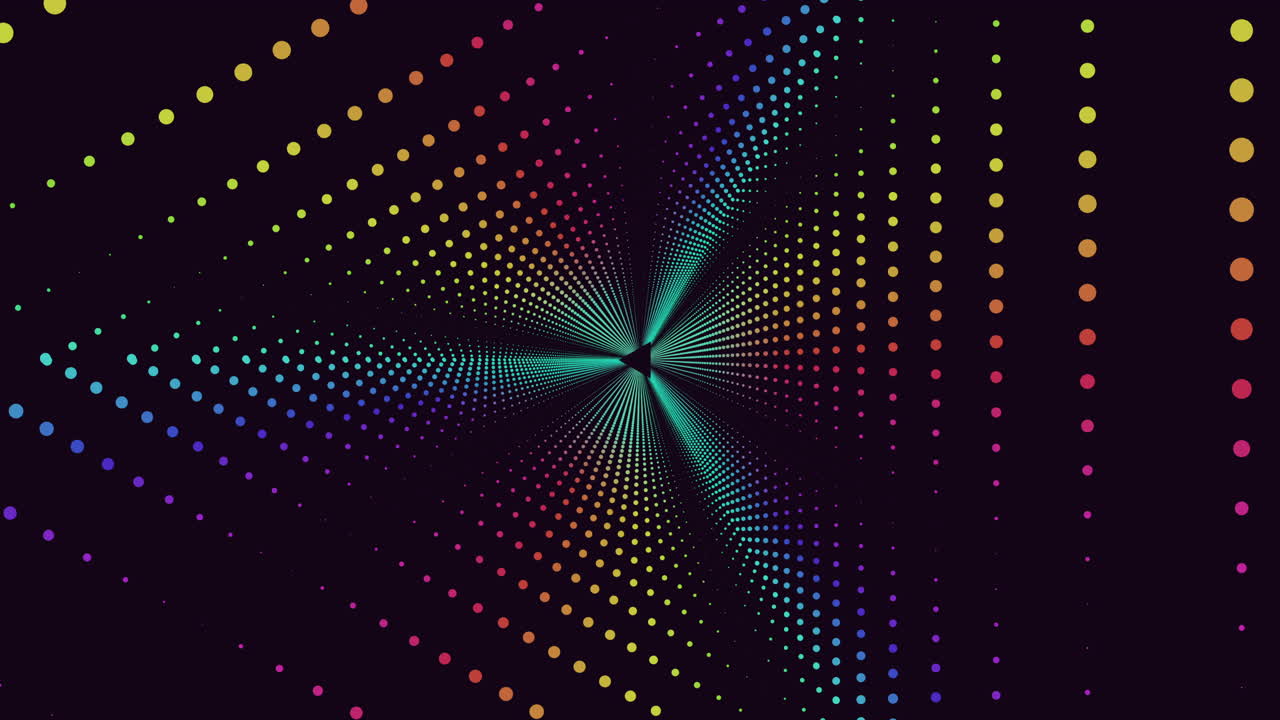 Colorful dots in a spiral pattern on a black background create a dynamic and energetic visual experience. Each dot overlaps the next, forming a mesmerizing circular arrangement