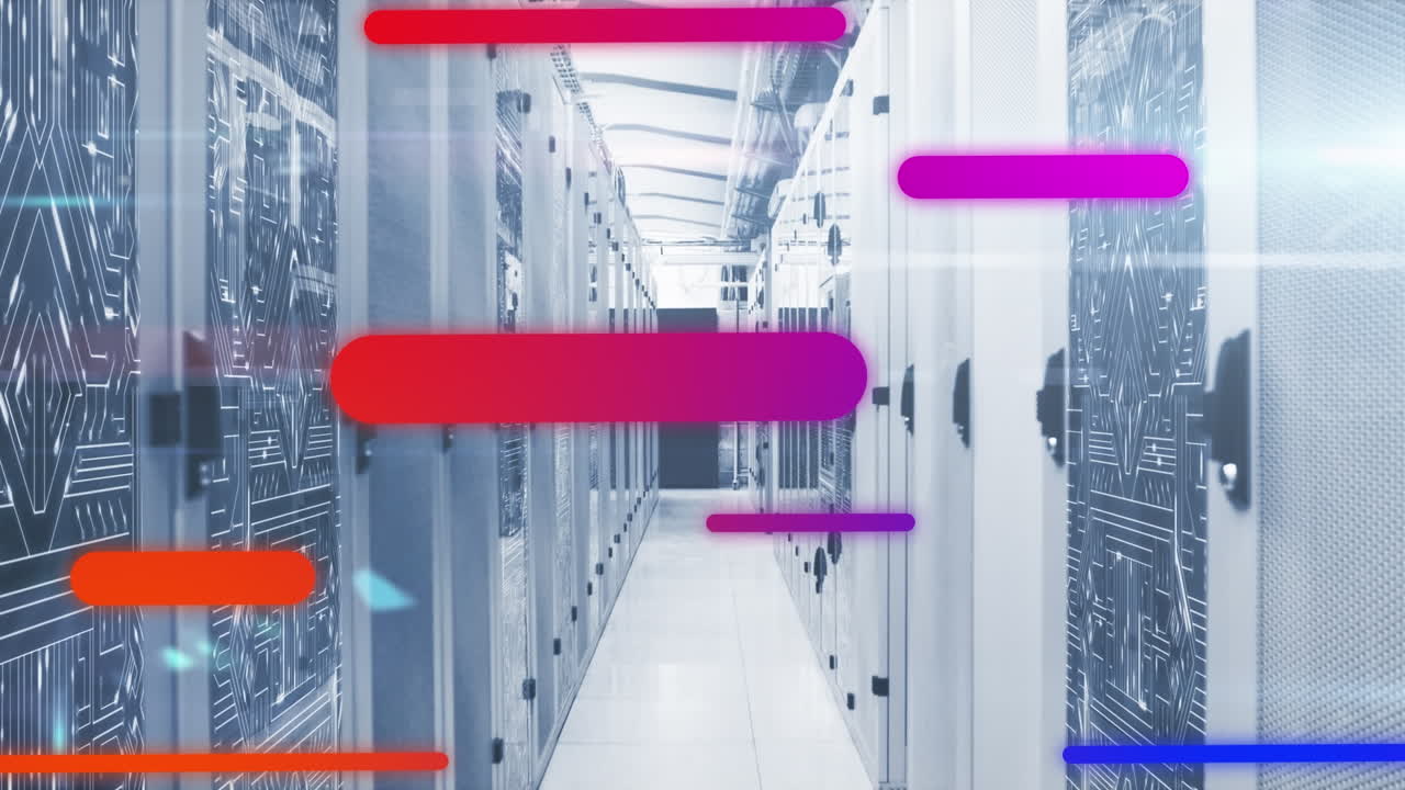 Animation of colorful light trails against microprocessor connections over computer server room