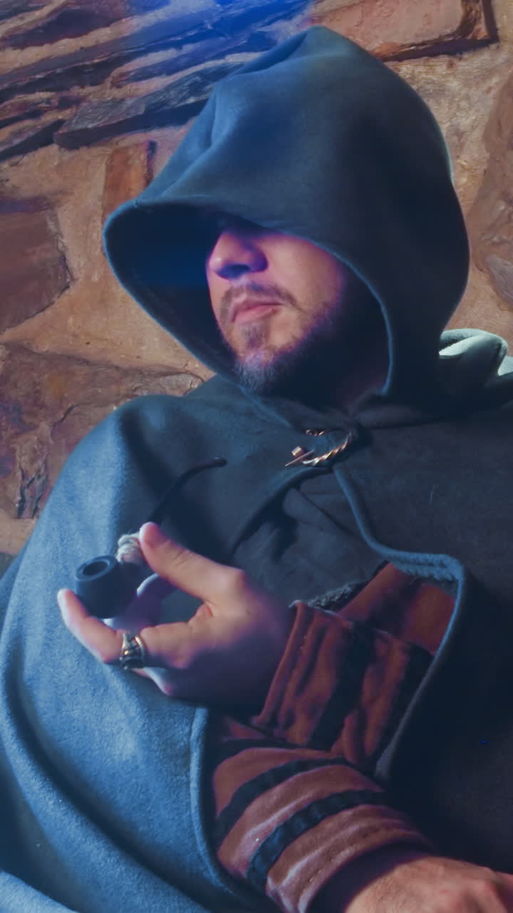 hombre fumador se esconde de la nieve que cae sentado junto a la entrada de la taberna. misterioso huésped congelado con capucha larga fuma pipa sentado en el pub. fantasía de invierno medieval