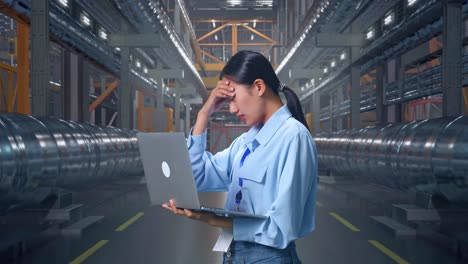 side view of an asian female professional worker use laptop in a in big warehouse filled with metal pipes,  she is nodding her shead with dissapionted
