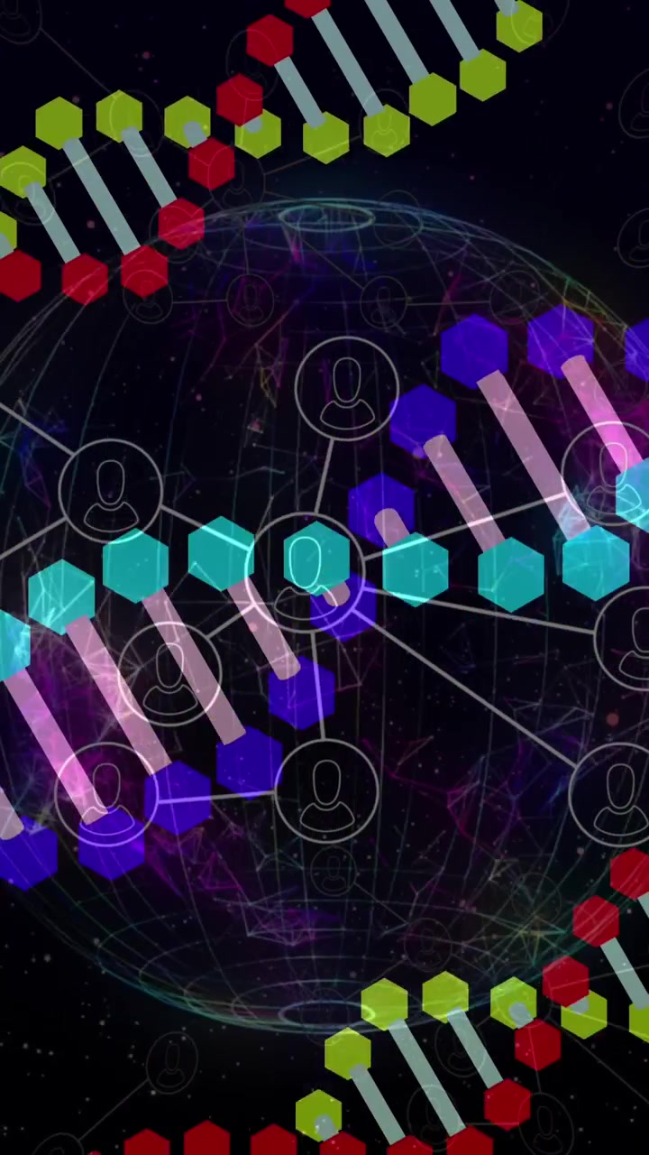 Animation of dna strand rotating over moving columns and cells on black background